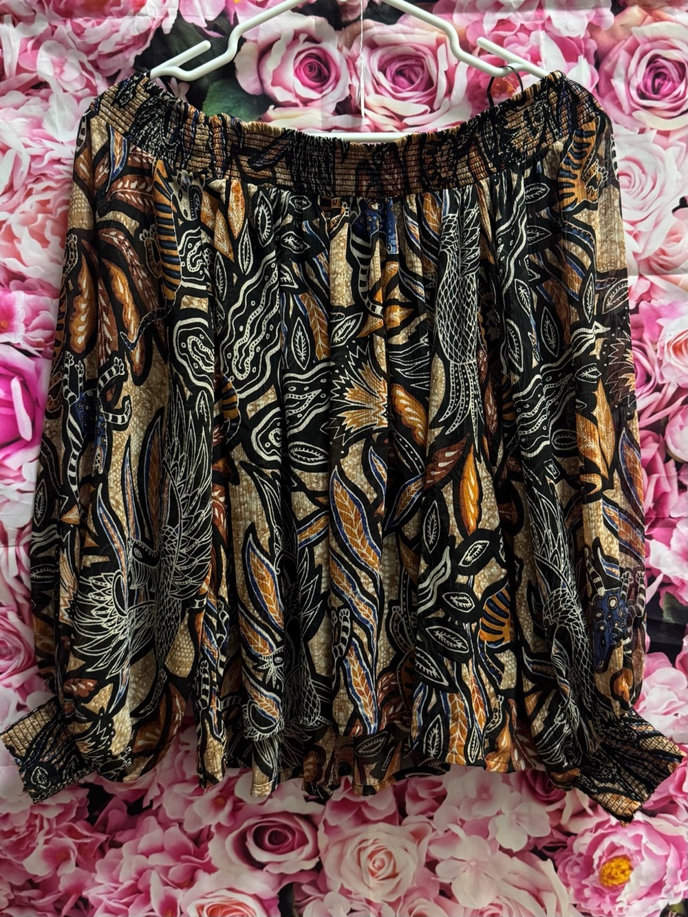 Bohemian Off-Shoulder Peasant Blouse in Black & Brown Floral